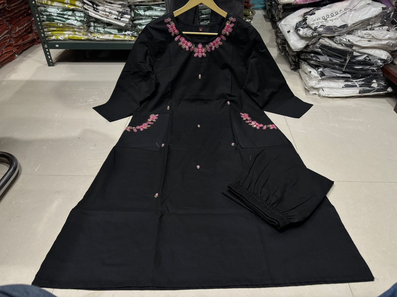 Black Cotton Coord Set with Embroidered Top and Pant